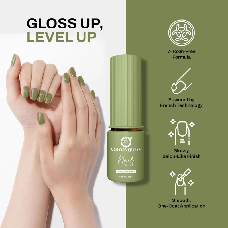 Colors Queen Nail Trend Glossy Nail Polish | Chip Resisting & Quick Drying Nail Paint with High Shine | 7 Toxin Free Formula | Vegan & Cruelty Free | Long Lasting & Vibrant Nail Paint for Women (Baby Cacti, 13ml) - Thumbnail 3
